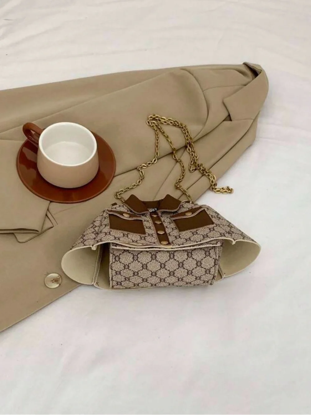 Brown Patterned Jacket-Style Crossbody Bag